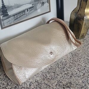 dean. Gold Handcrafted Metallic Leather Clutch With Tan Strap Made In LA